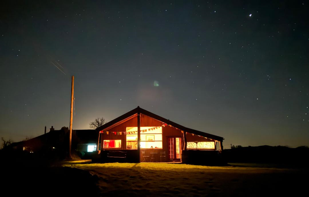 lodge lit up at night
