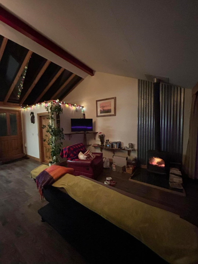 lodge lit up and festive