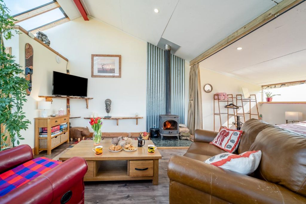 lodge living area and wood burner